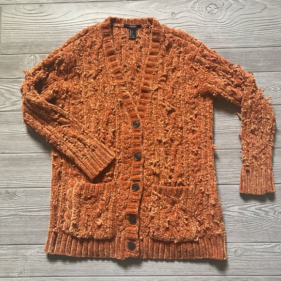 F21 Super Soft Button-Up Caramel Brown Orange Loose Knit Cardigan - Picture 3 of 8